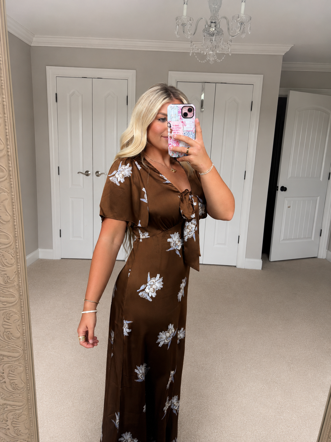 Brown Satin Floral Midi Dress