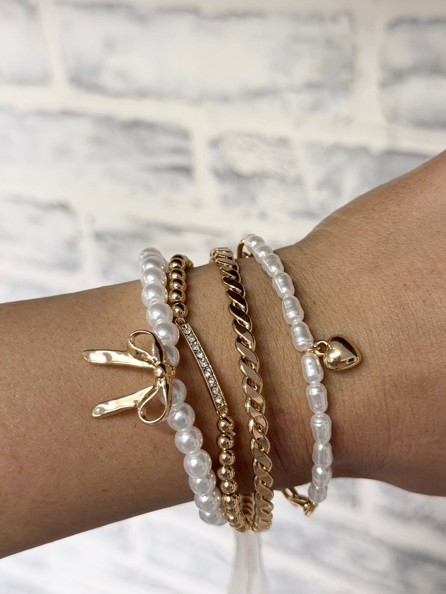 Bow Pearl Rhinestone Bar Stretch Bangle Set