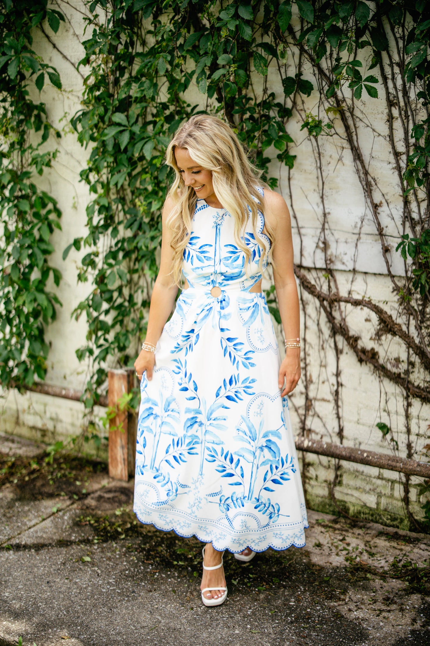 Printed Blue Scallop Midi Dress