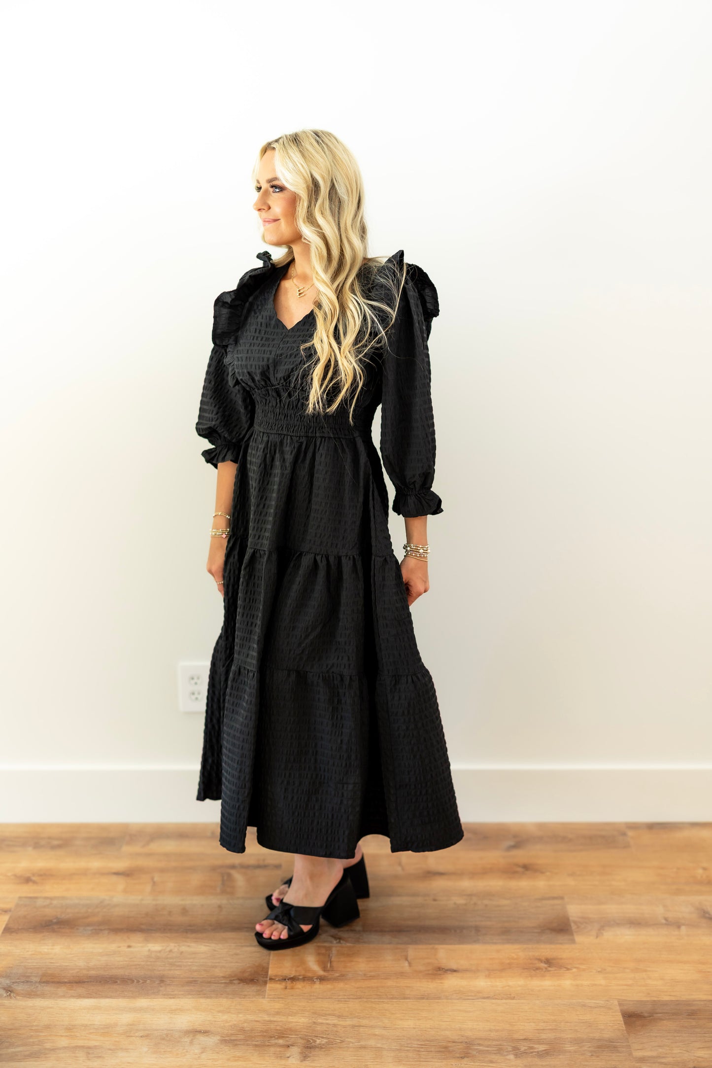 Black Ruffle Sleeve Midi Dress
