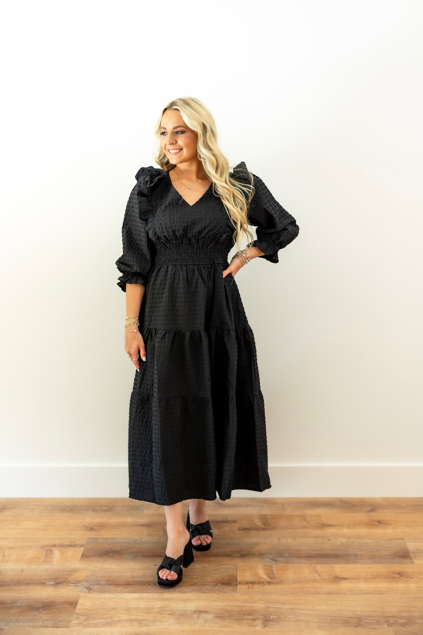 Black Ruffle Sleeve Midi Dress