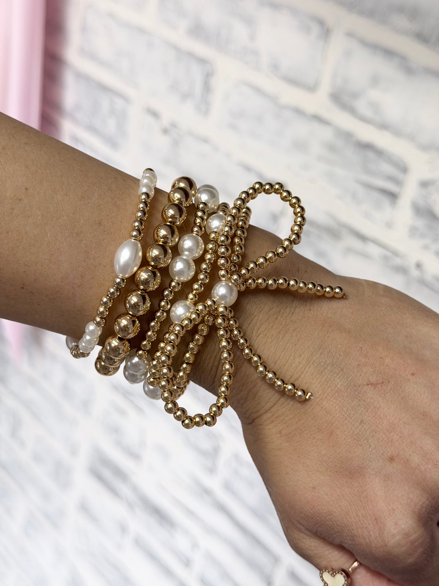 Multi Layer Ball Chain Bead Bow Pearl Bracelet