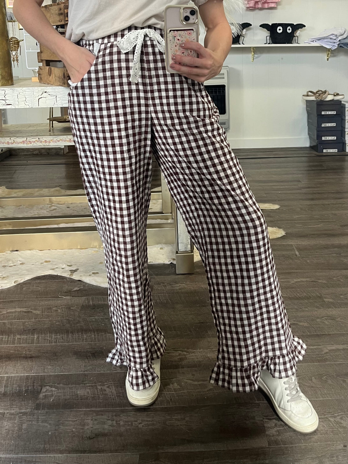 Gingham Lace Ruffled Pull On Pants