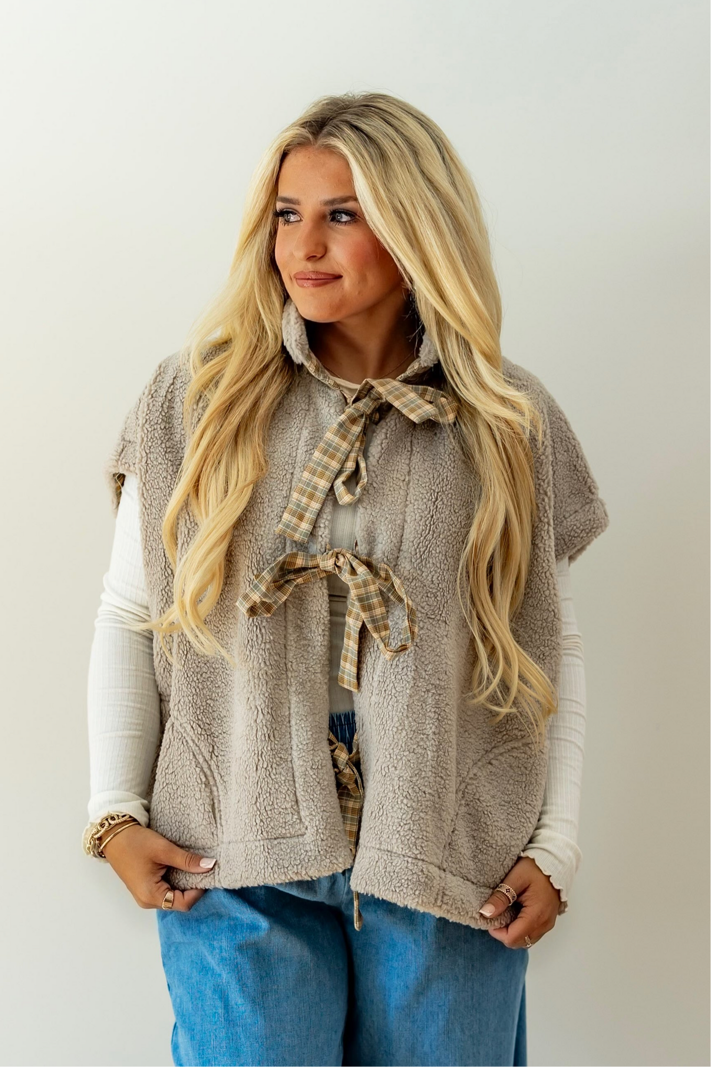 Taupe Sherpa Plaid Ribbon Vest