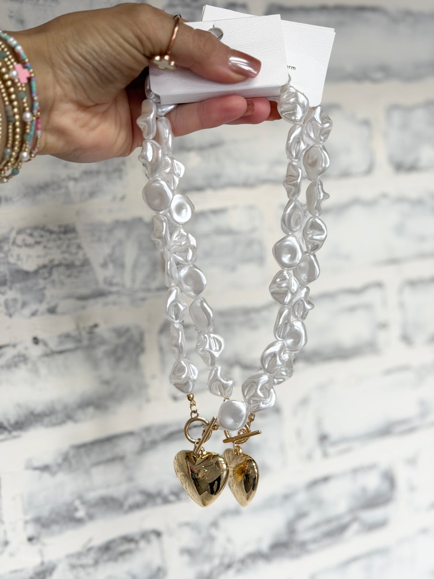Pearl Beaded Heart Charm Toggle Necklace