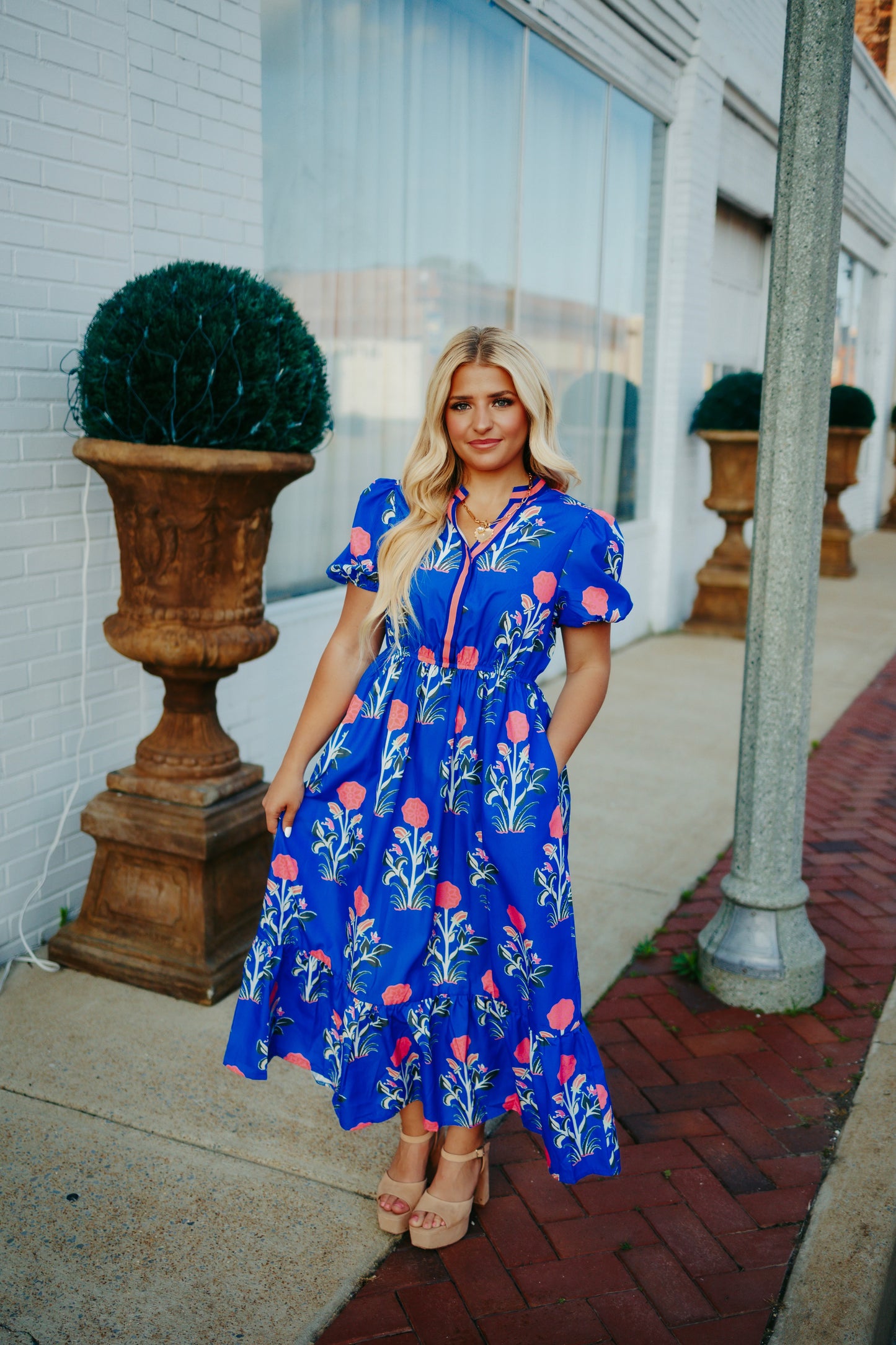 Ldc Floral Puff Short Sleeve V Neck High Waist Maxi Dress