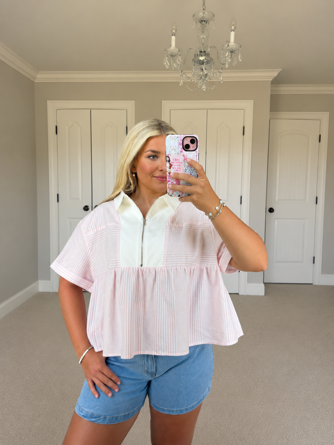 Striped Half Zipped Babydoll Top