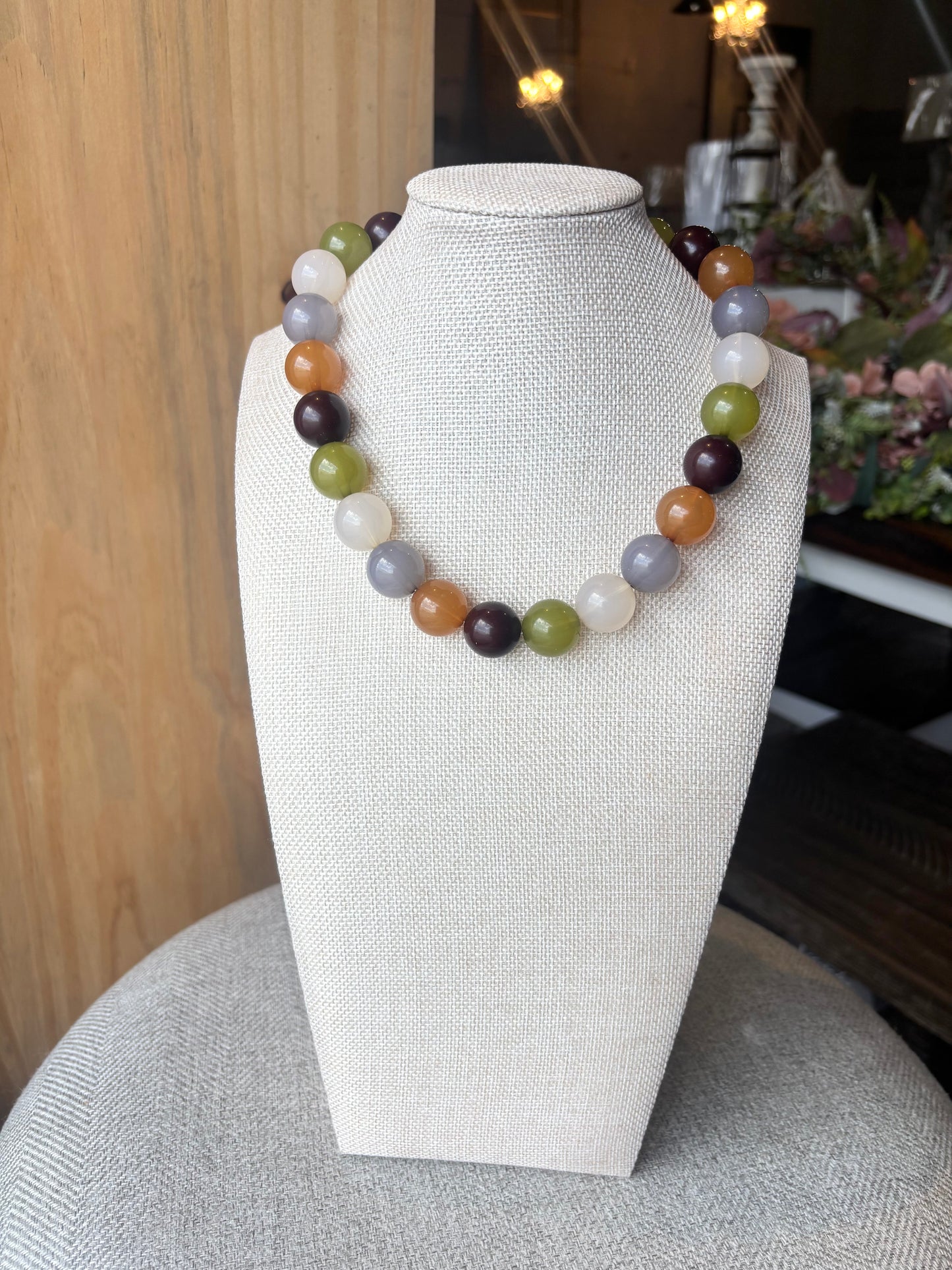 Olive Green Chunky Round Beaded Statement Necklace