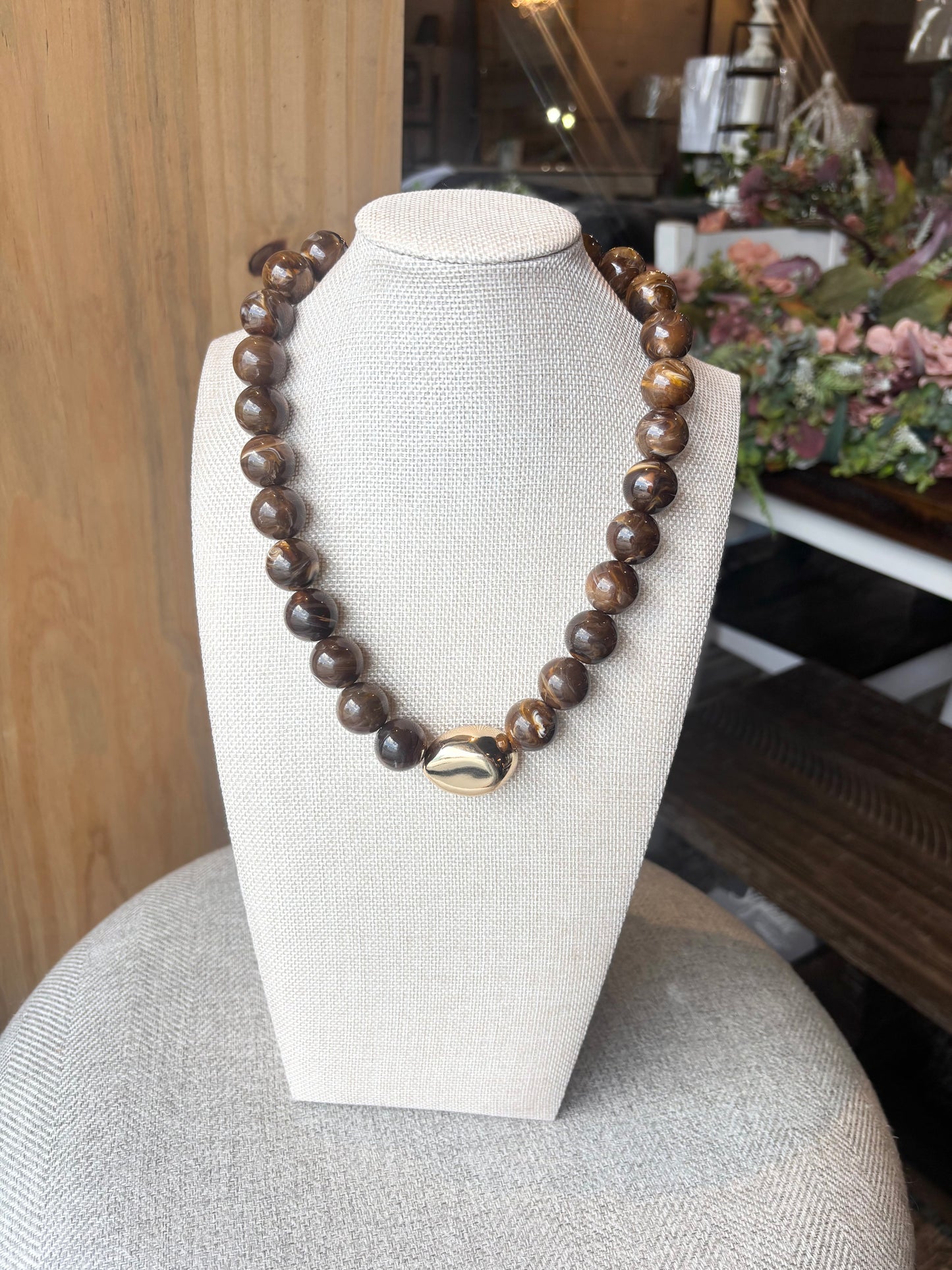 Polished Metal Bean Accent Bold Marbled Ball Beaded Statement Necklace