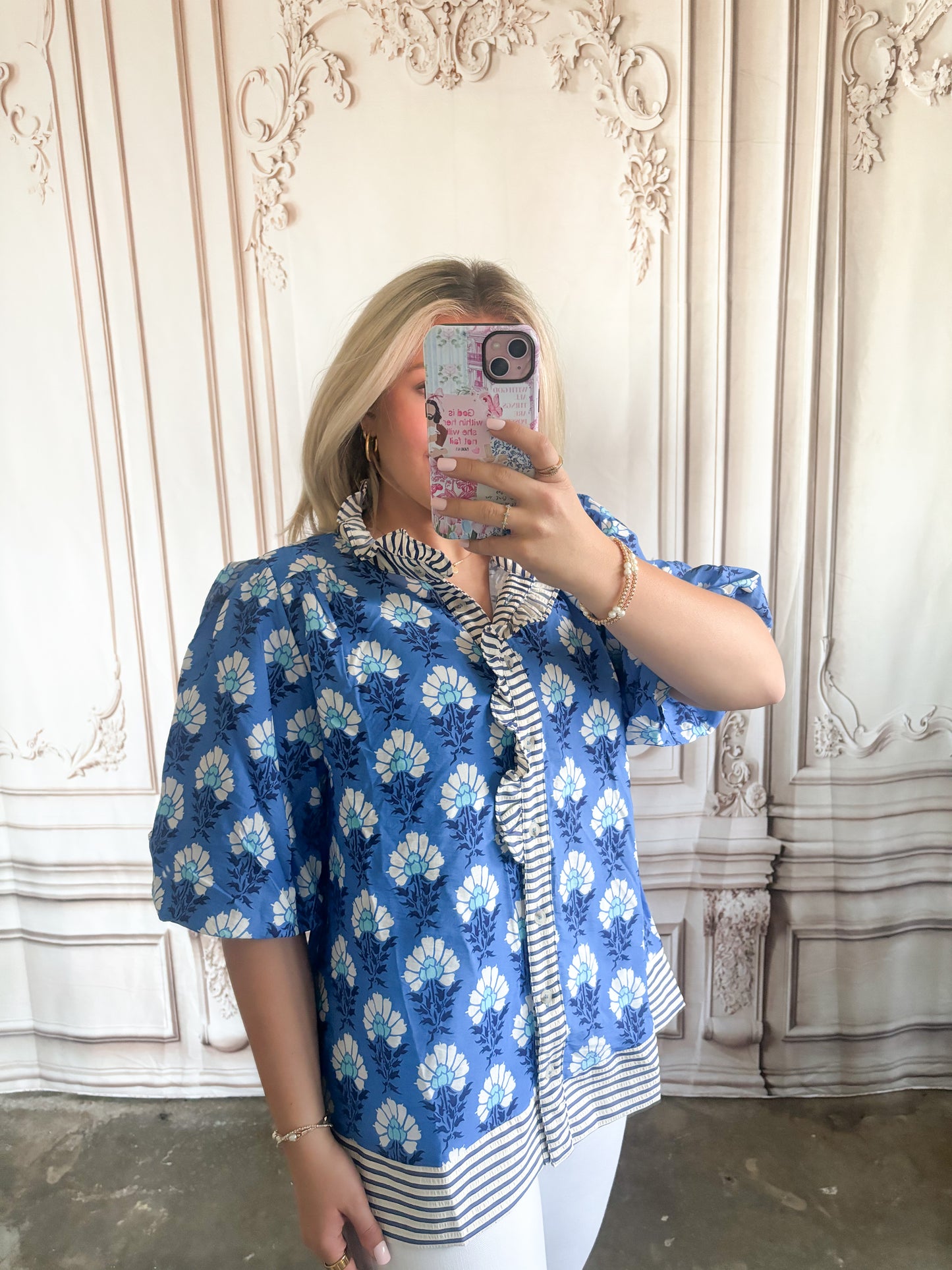 Bubble Sleeve Ruffled Neck Printed Top