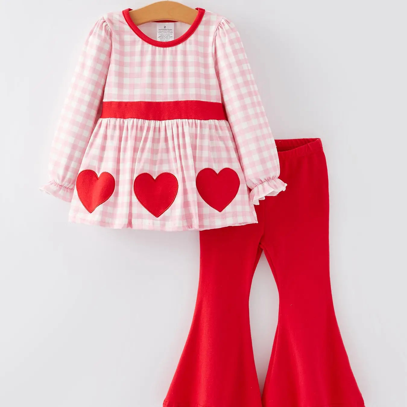 Girls Valentine's Day Heart Applique Plaid Outfits Sets