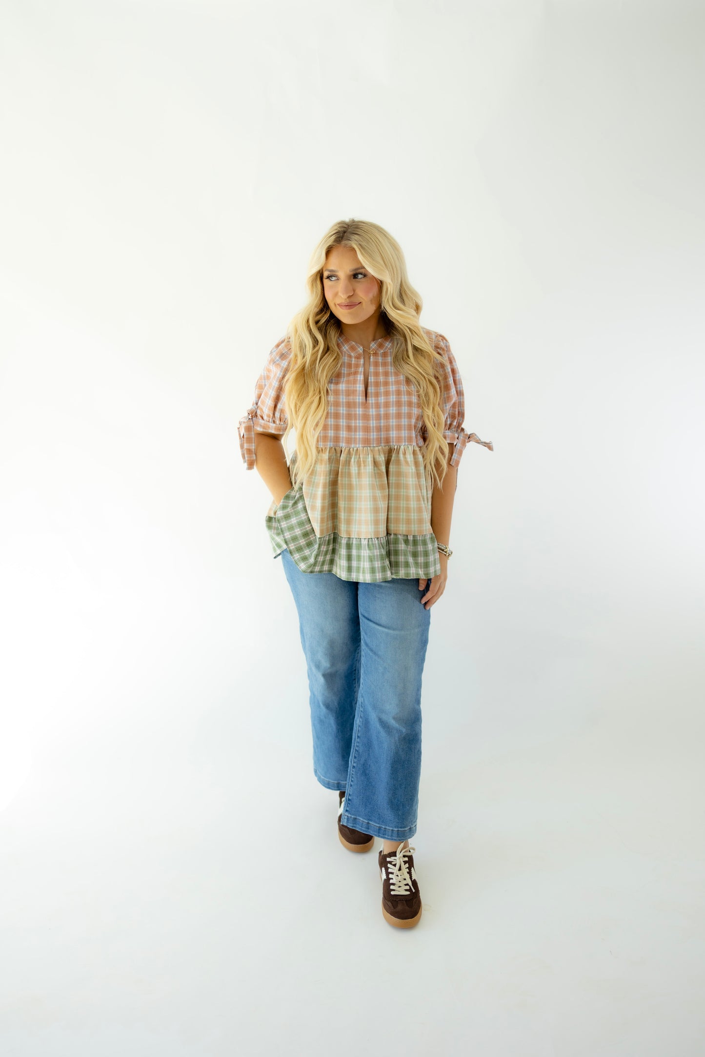 Multi Color Plaid Bubble Sleeve Top