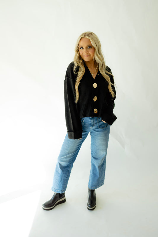 Black Long Sleeve Gold Button Sweater