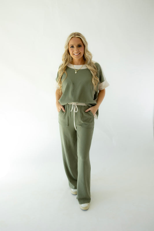 Two Piece Moss Color Block Top and Pants Set