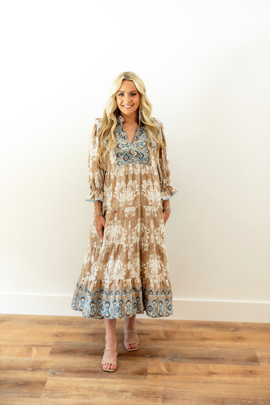Printed Contrast Midi Dress