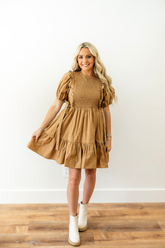 Copper Smocked Bow Tie Dress