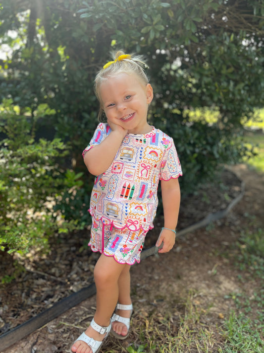 Back To School Print Girl Short Scallop Set