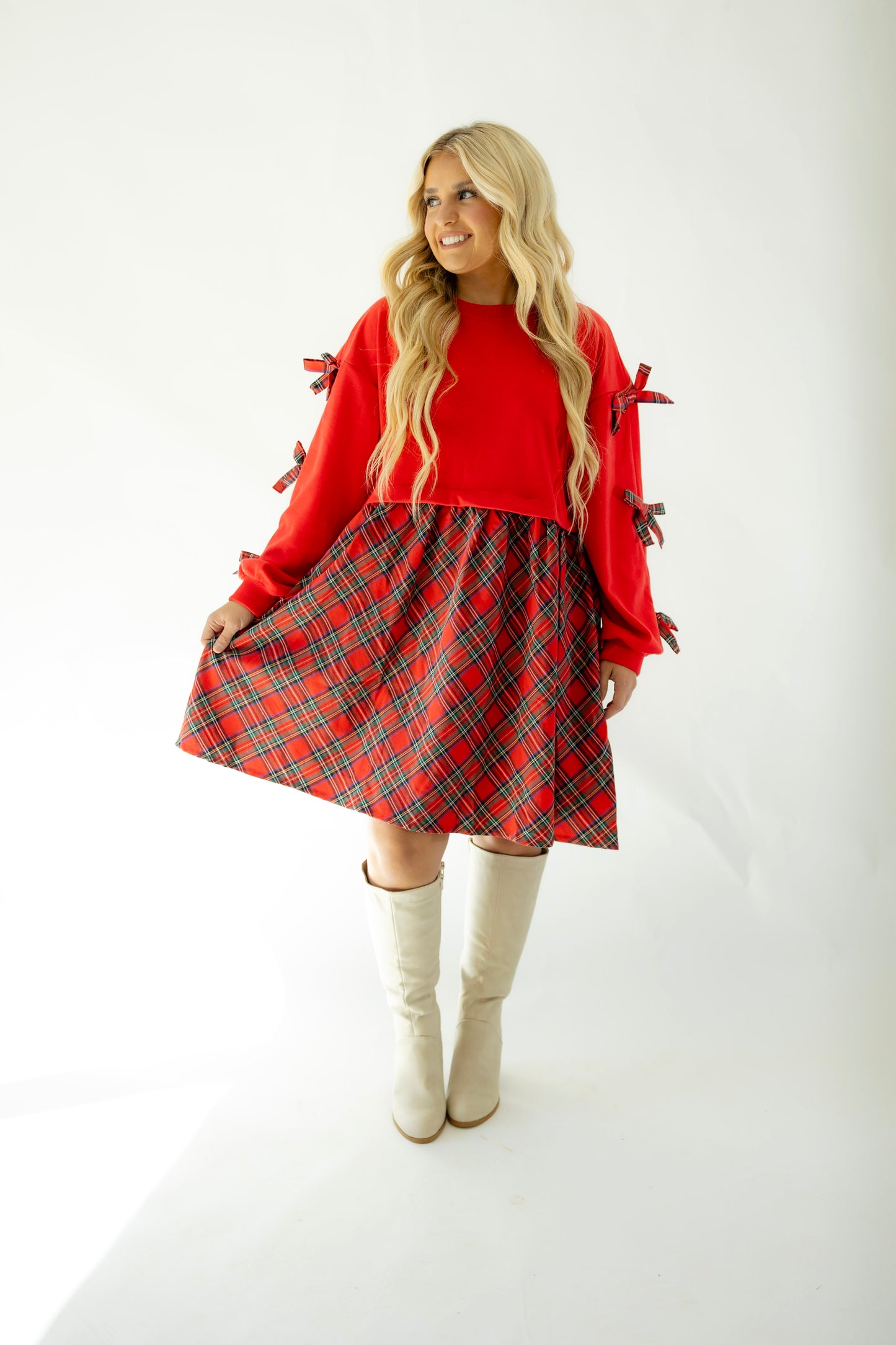 Red Checked Bow Sleeve Dress