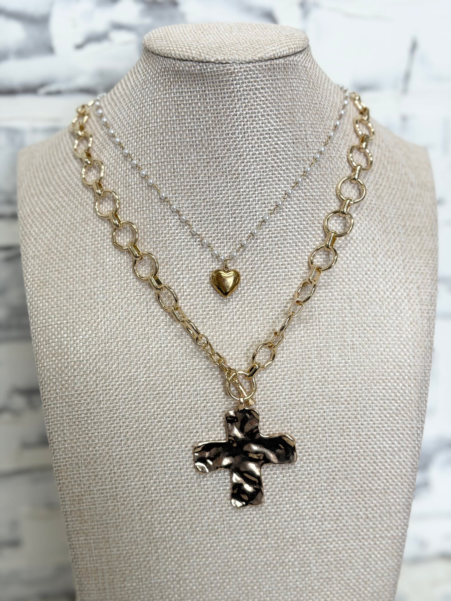 Hammered Cross Front Toggle Necklace