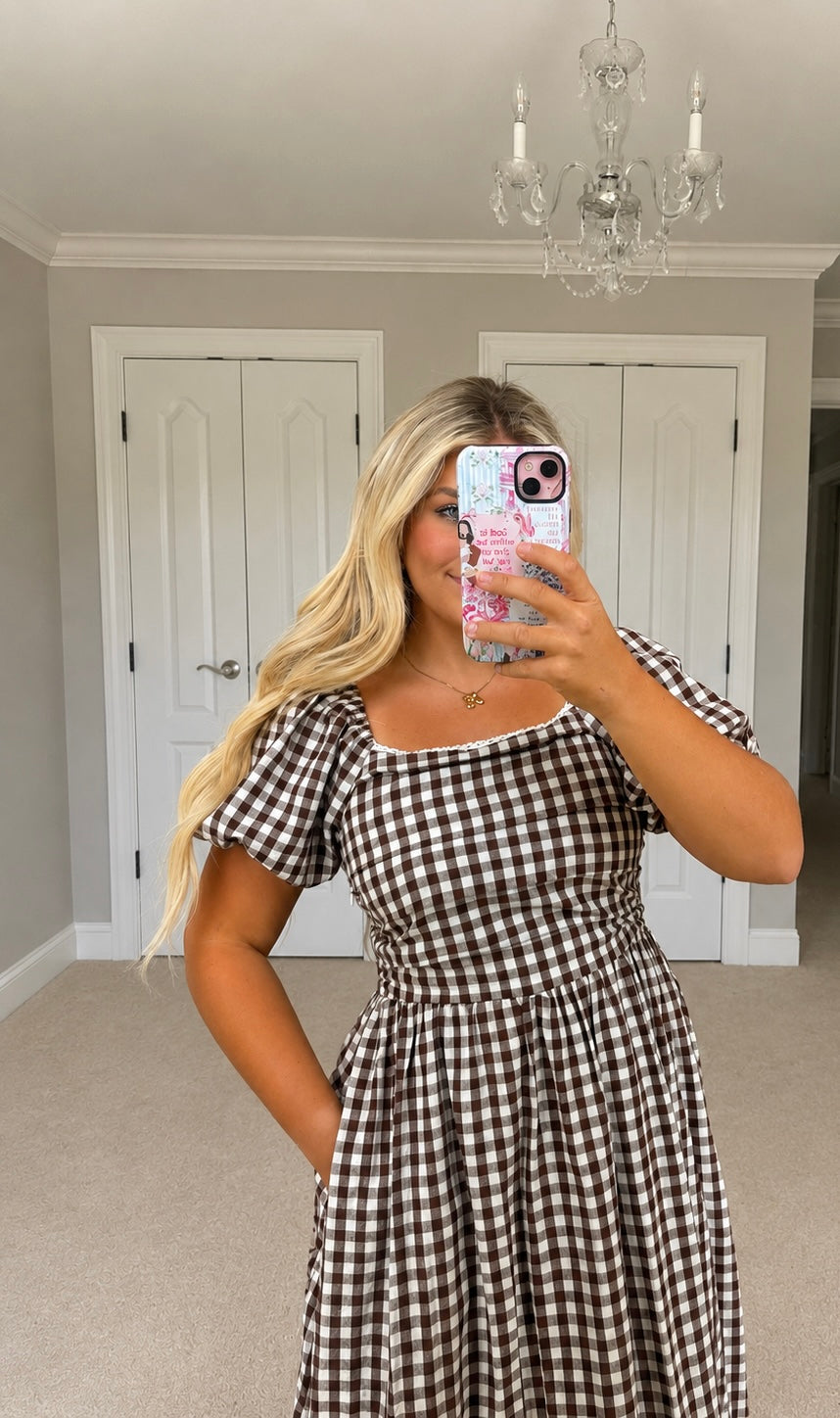 Gingham Lace Trimmed Midi Dress