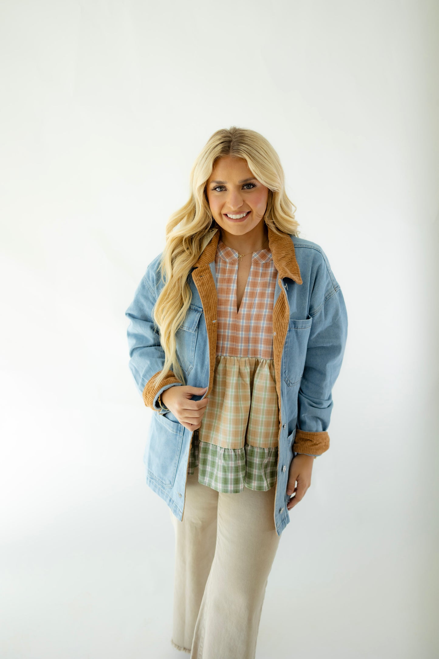 Multi Color Plaid Bubble Sleeve Top