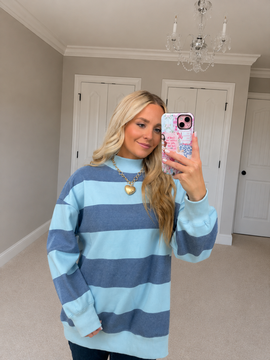 Light Blue and Navy Striped Sweatshirt