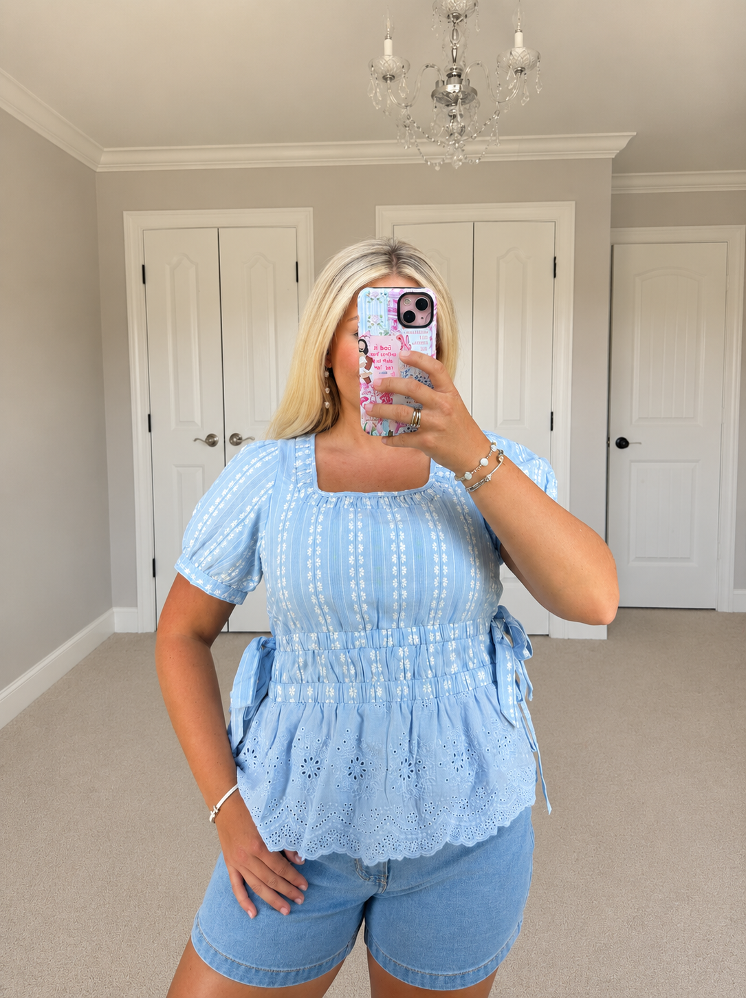 Striped Floral Eyelet Hem Top