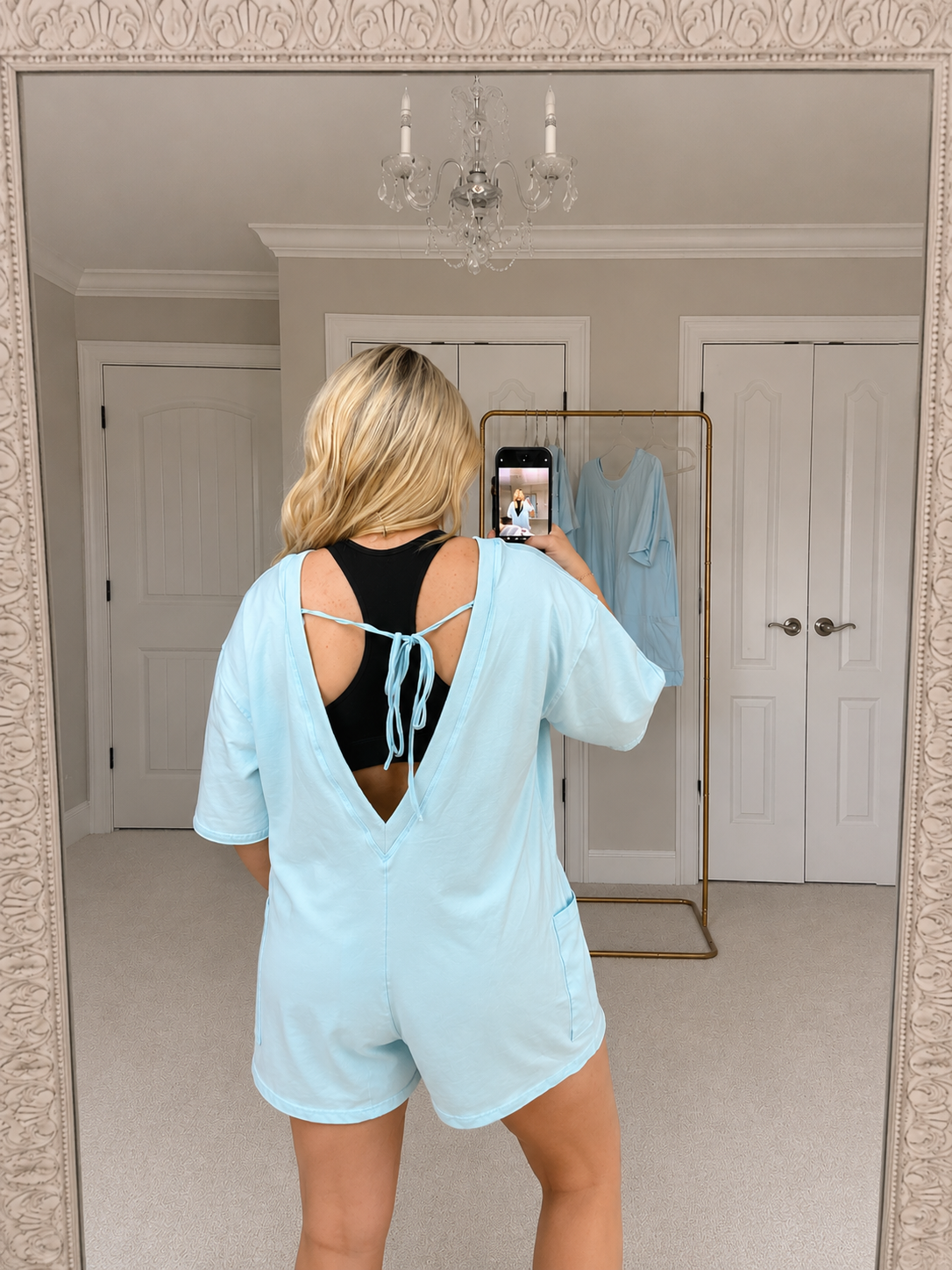 Blue Short Sleeve Knit Romper