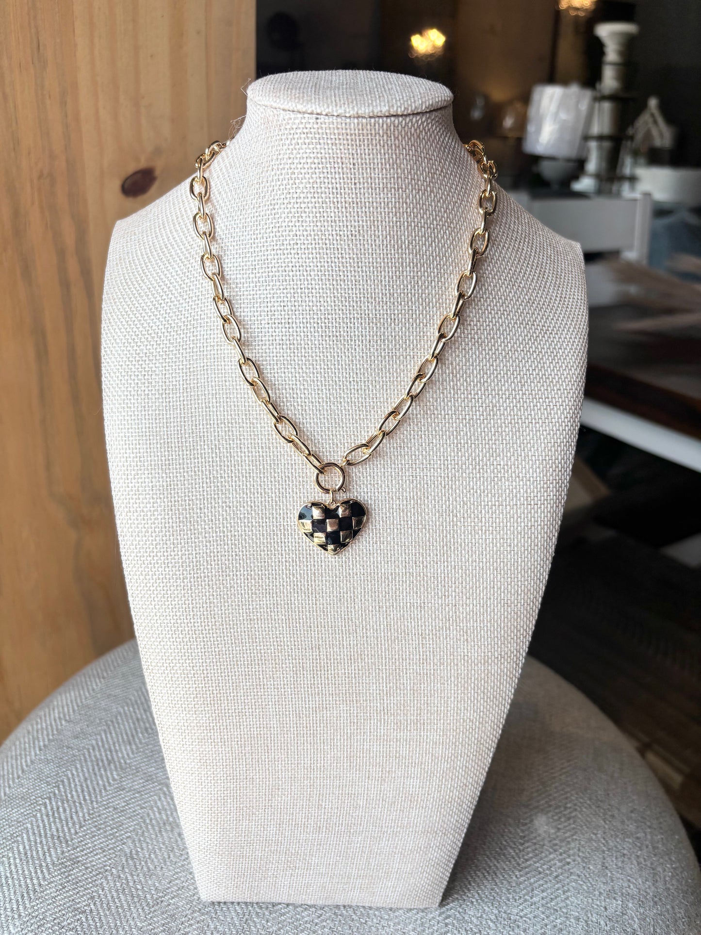 Checkered Heart Toggle Necklace