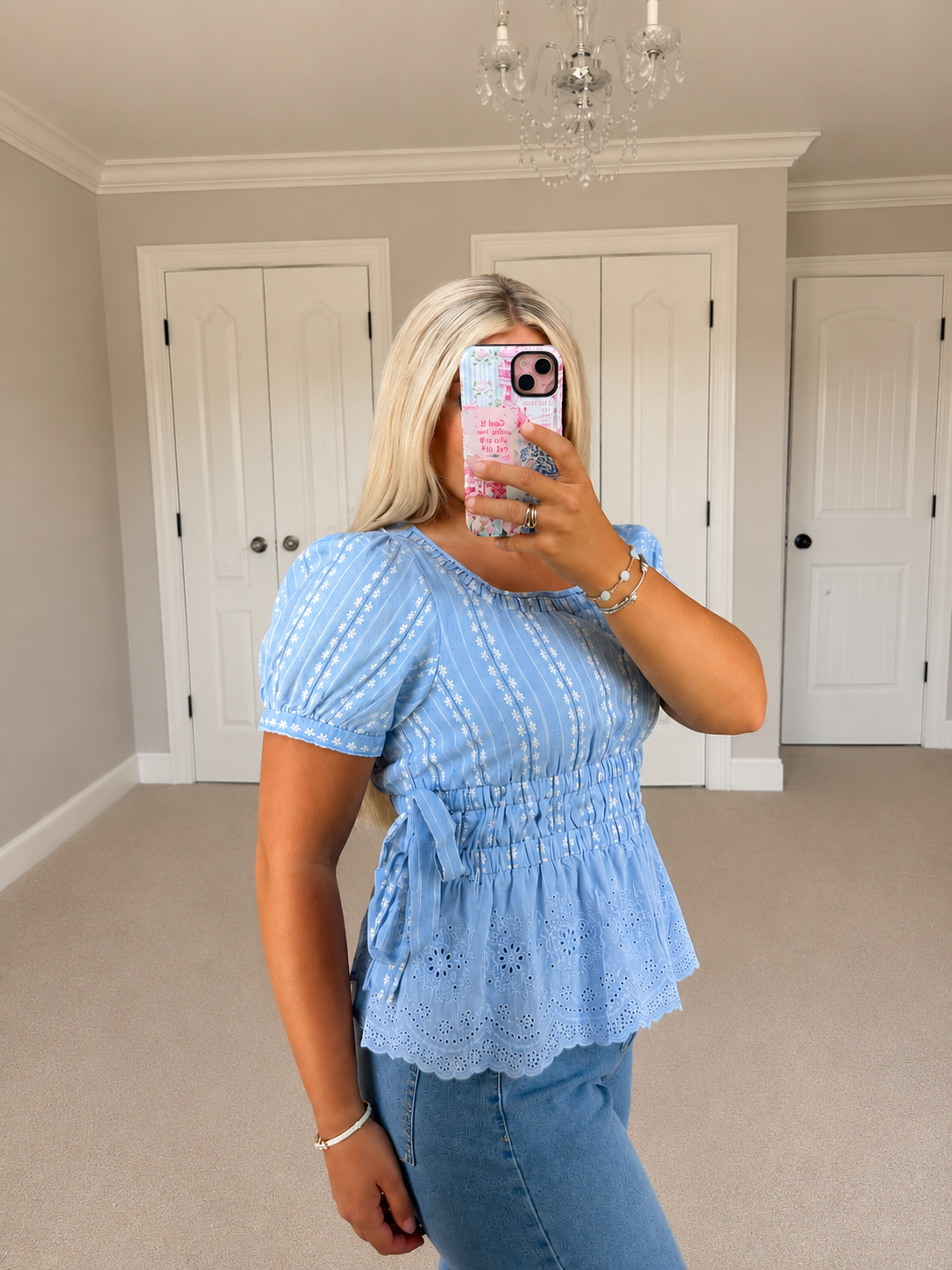 Striped Floral Eyelet Hem Top