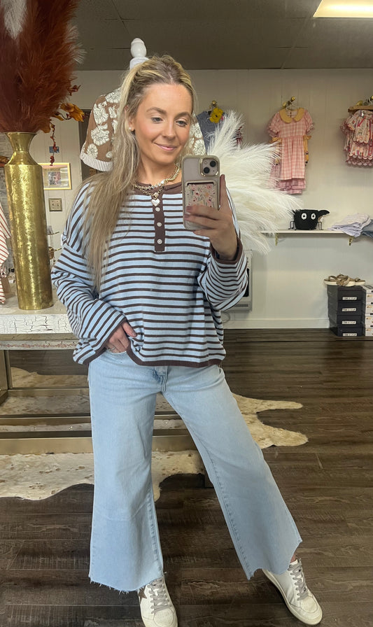 Striped Henley Neck Knit Top Blue/Brown