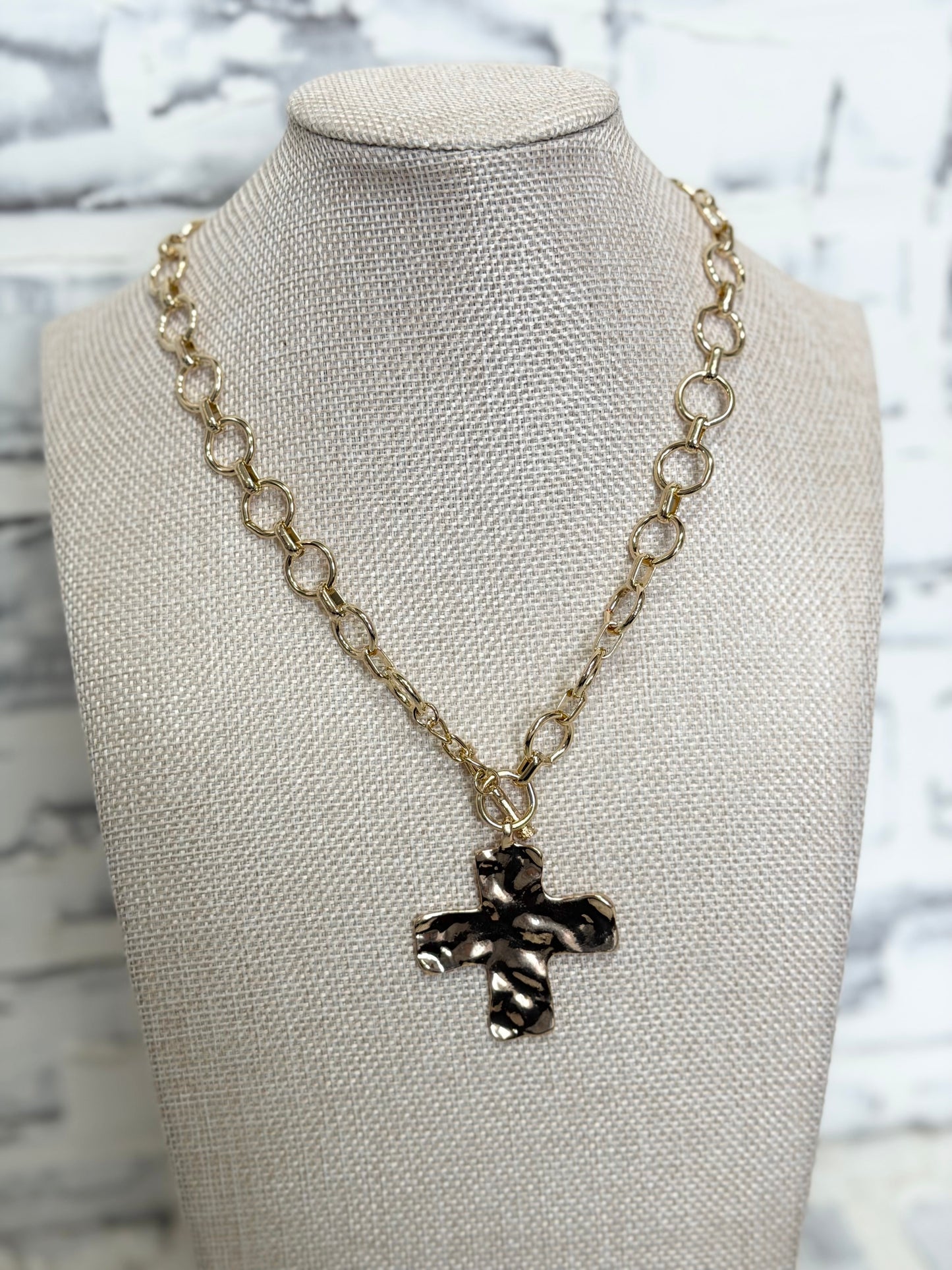 Hammered Cross Front Toggle Necklace