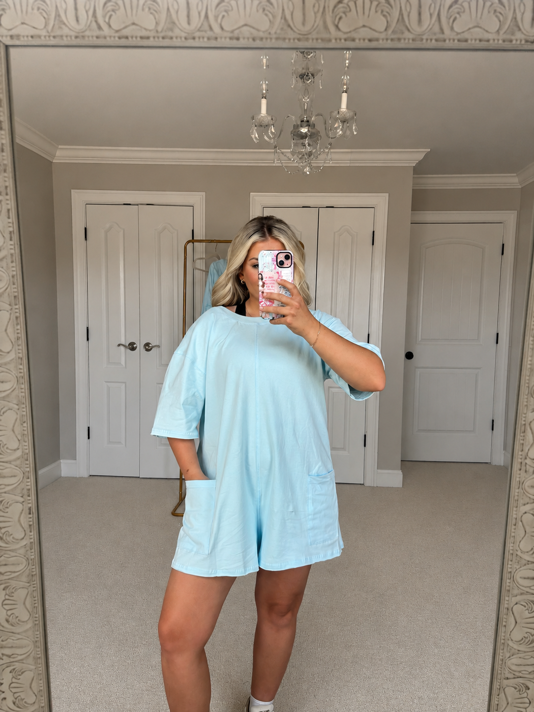 Blue Short Sleeve Knit Romper