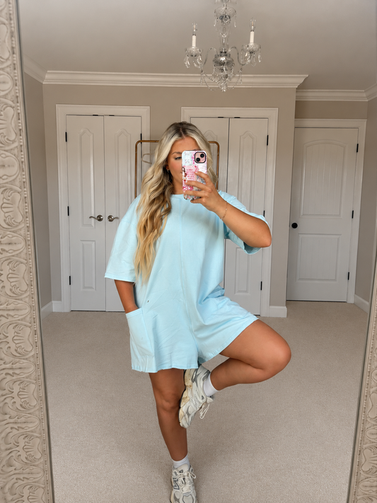 Blue Short Sleeve Knit Romper