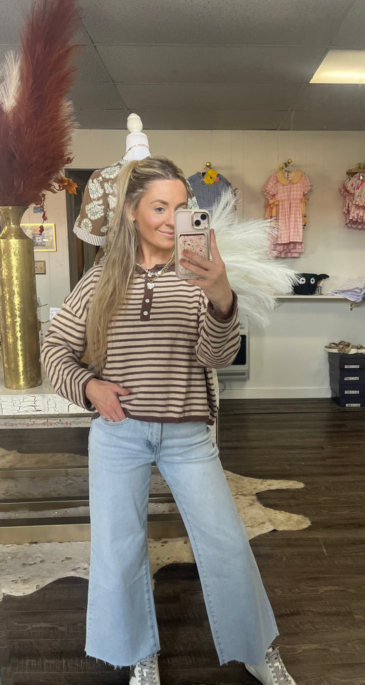 Striped Henley Neck Knit Top Tan/Brown