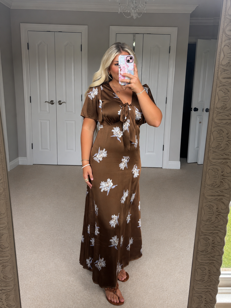 Brown Satin Floral Midi Dress