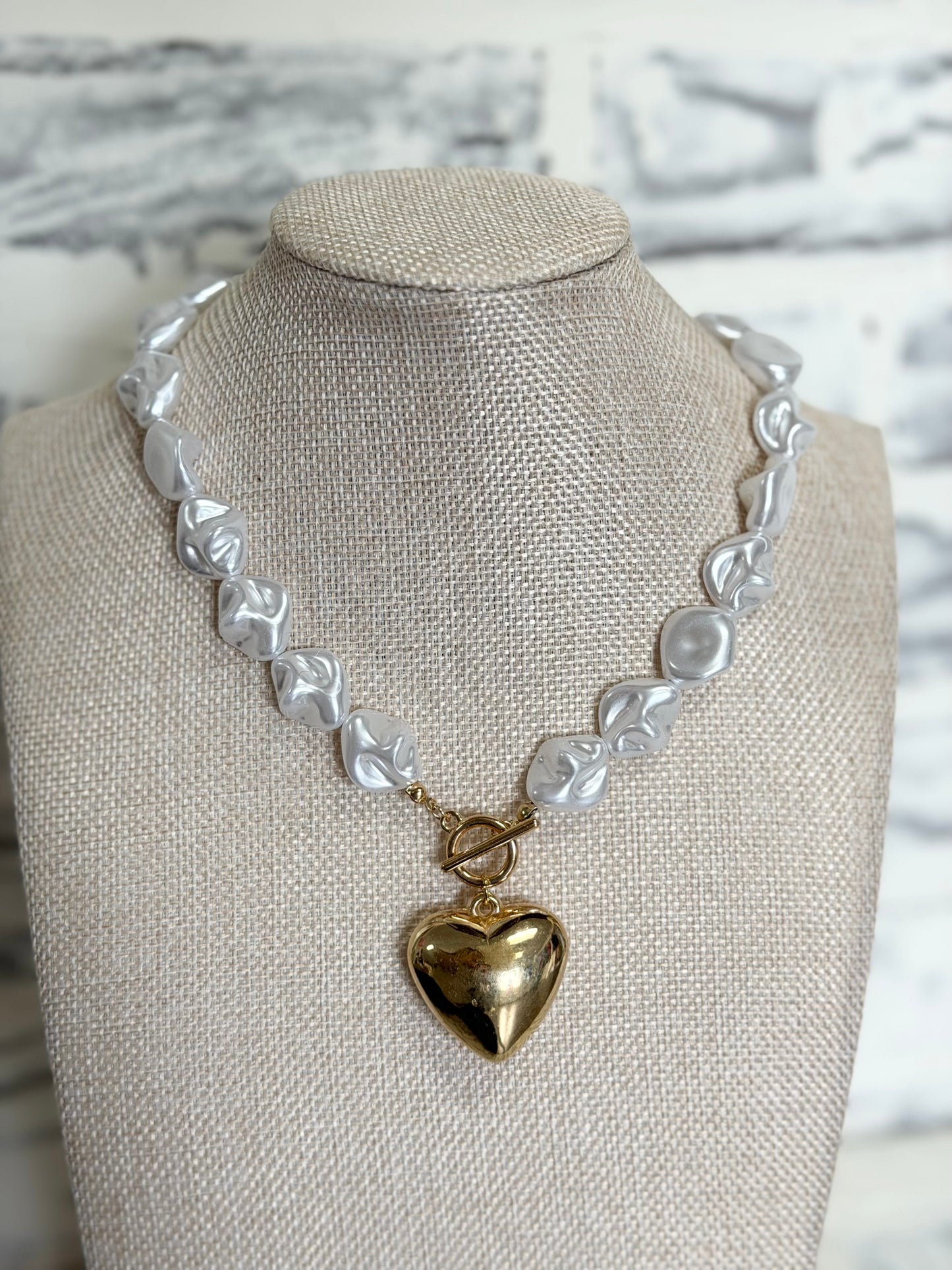 Pearl Beaded Heart Charm Toggle Necklace