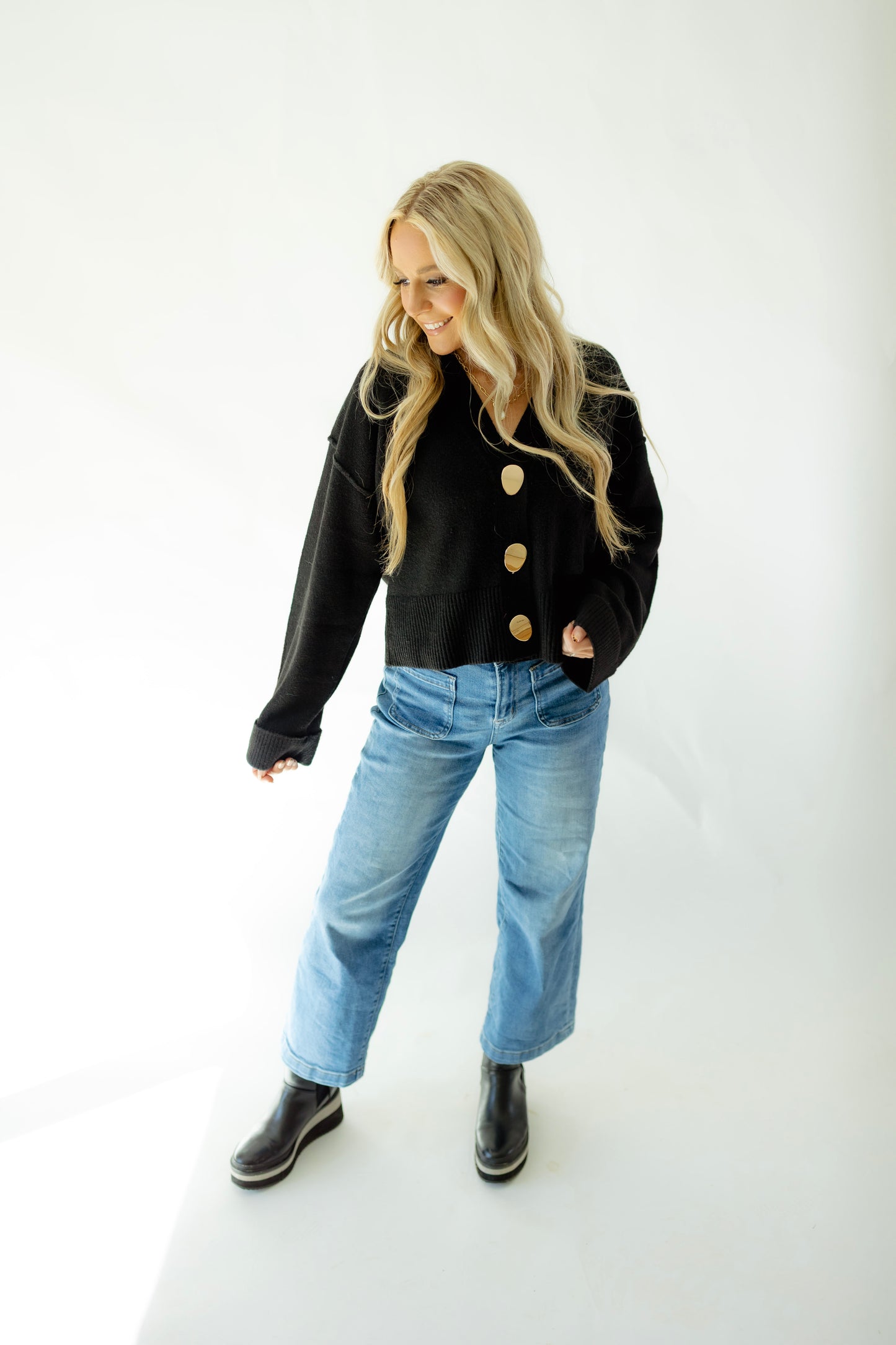 Black Long Sleeve Gold Button Sweater