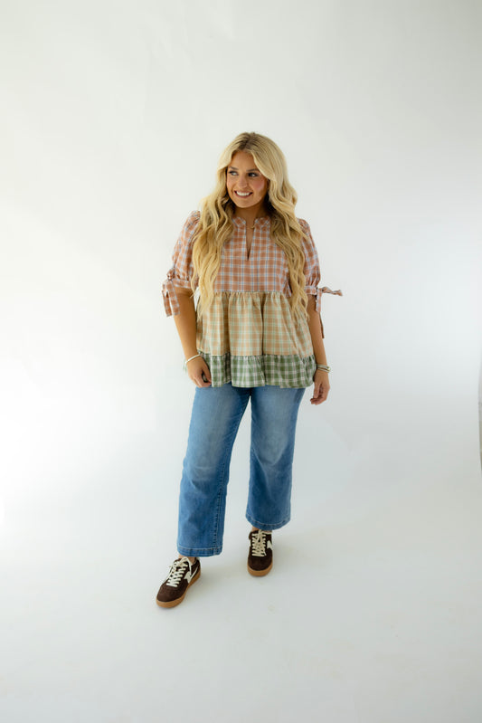 Multi Color Plaid Bubble Sleeve Top