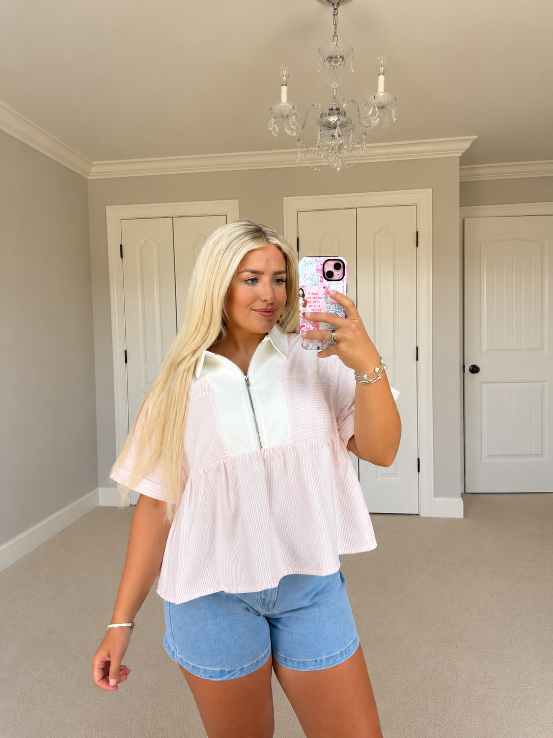 Striped Half Zipped Babydoll Top