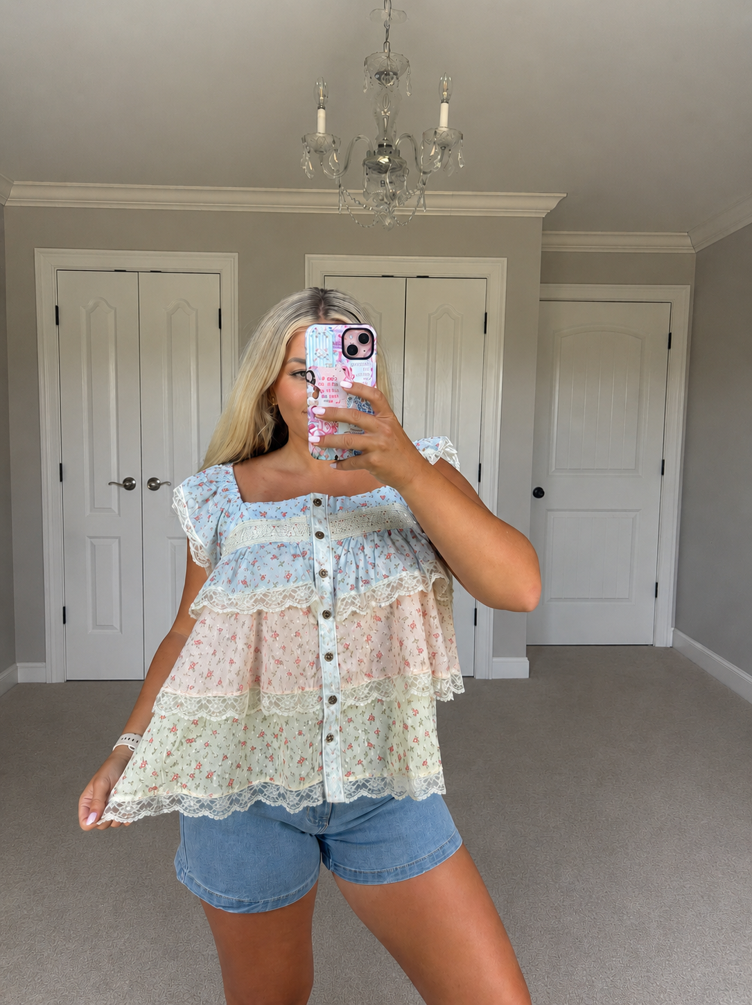 Floral Color Block Lace Trimmed Ruffled Top