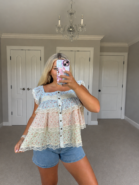Floral Color Block Lace Trimmed Ruffled Top