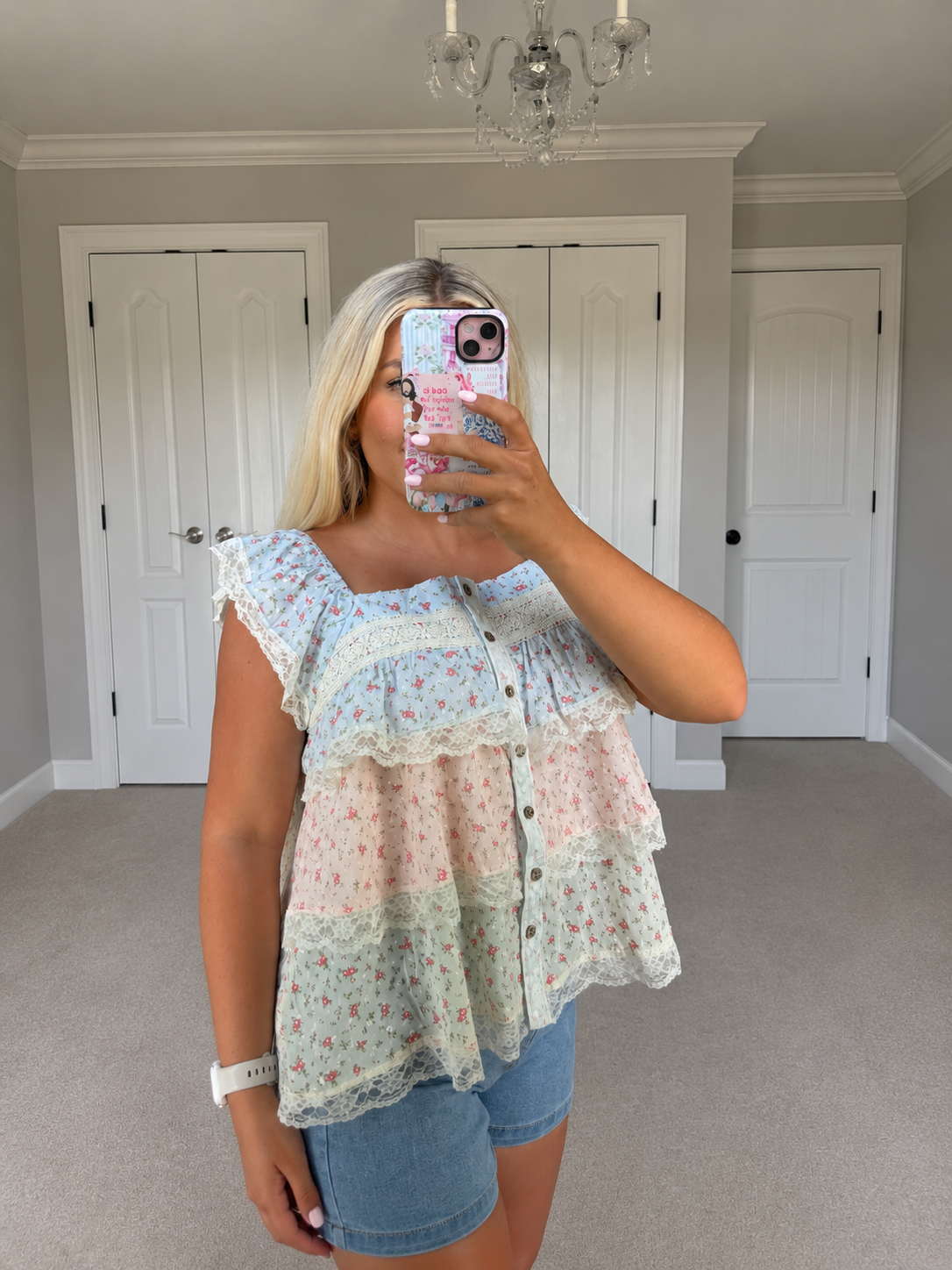 Floral Color Block Lace Trimmed Ruffled Top