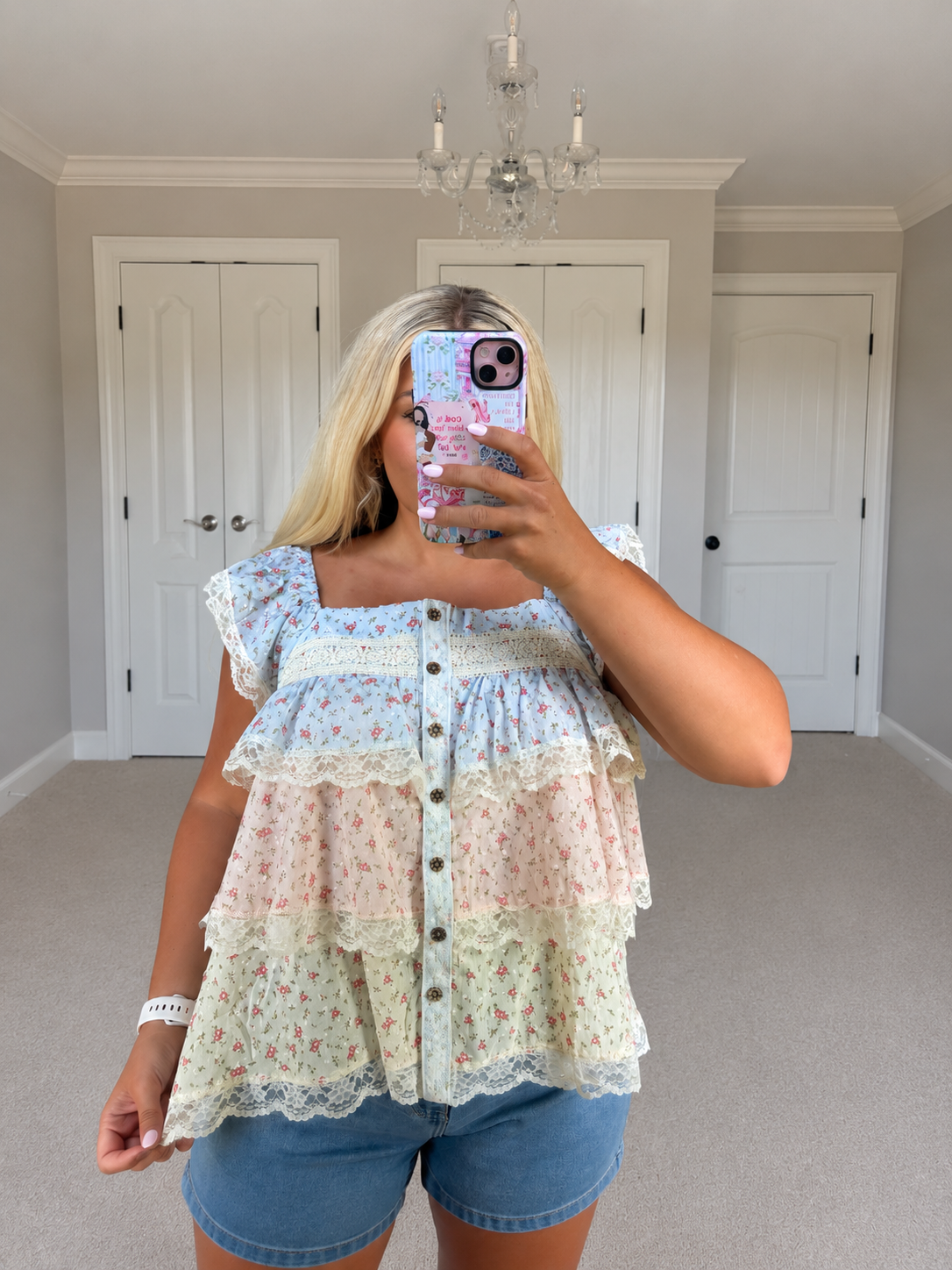 Floral Color Block Lace Trimmed Ruffled Top