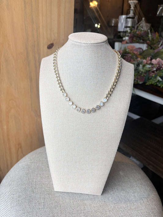 14K Gold Plated Round Cz Bezel Link Chain Necklace
