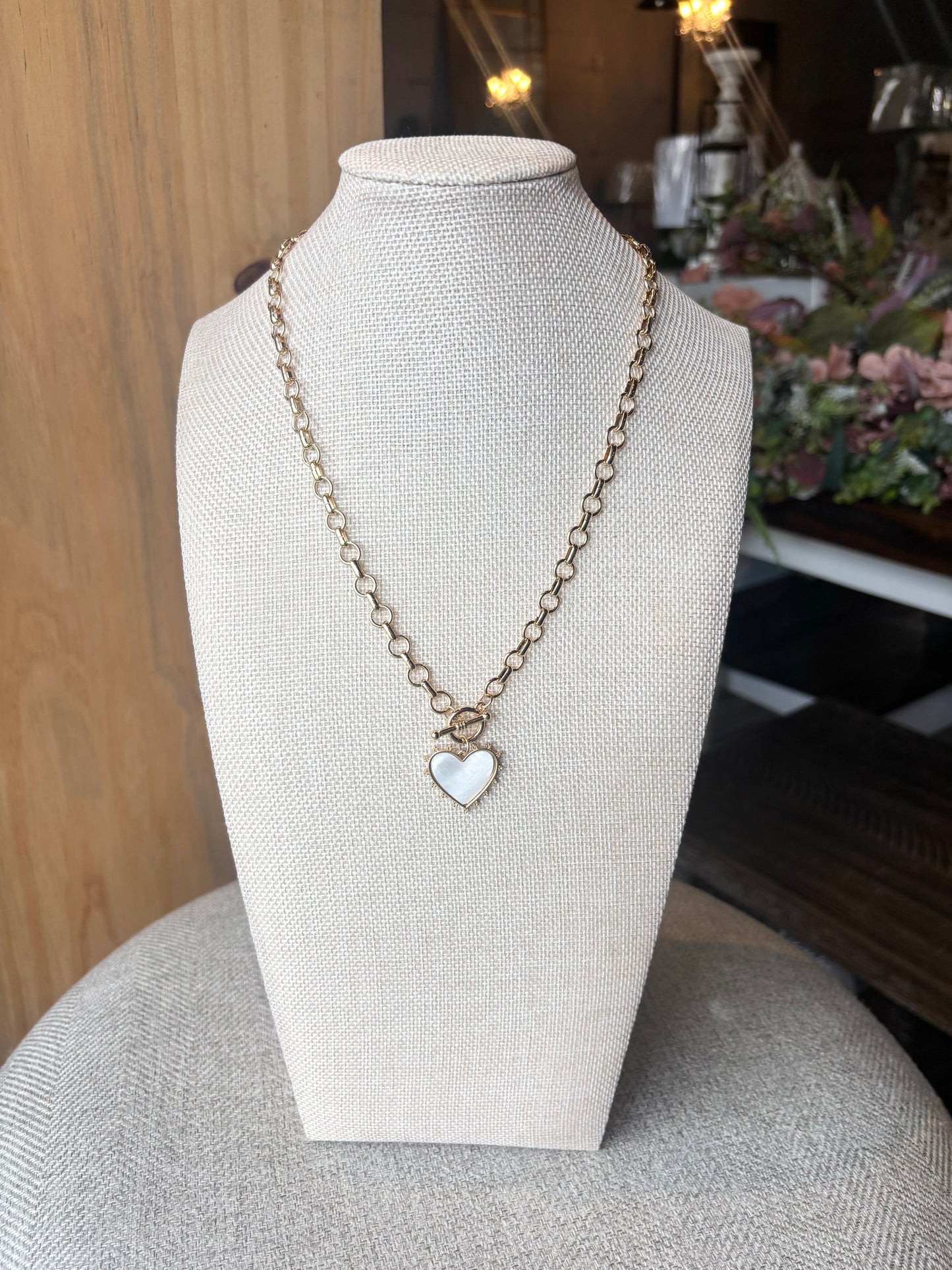 Bead Mother of Pearl Heart Charm Toggle Chain Necklace
