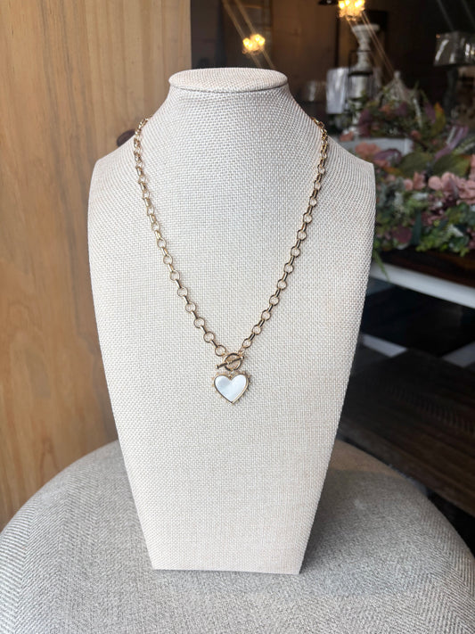 Bead Mother of Pearl Heart Charm Toggle Chain Necklace