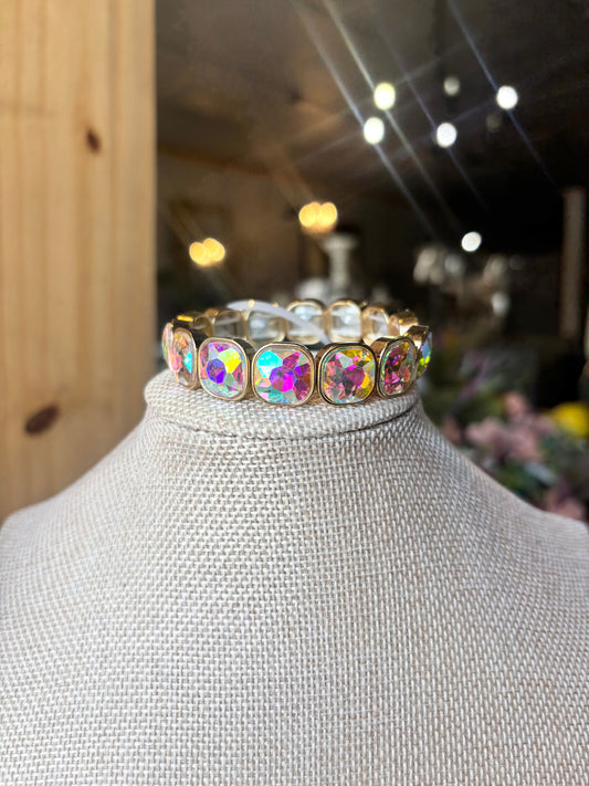 Square Cut Gem Beaded Stretch Evening Bracelet