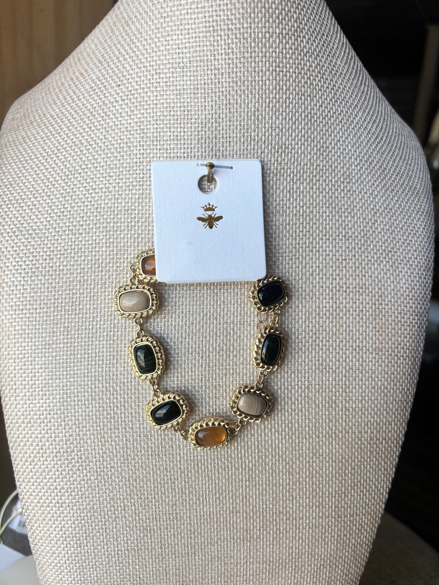 Boho Rectangular Natural Stone Frame Link Bracelet