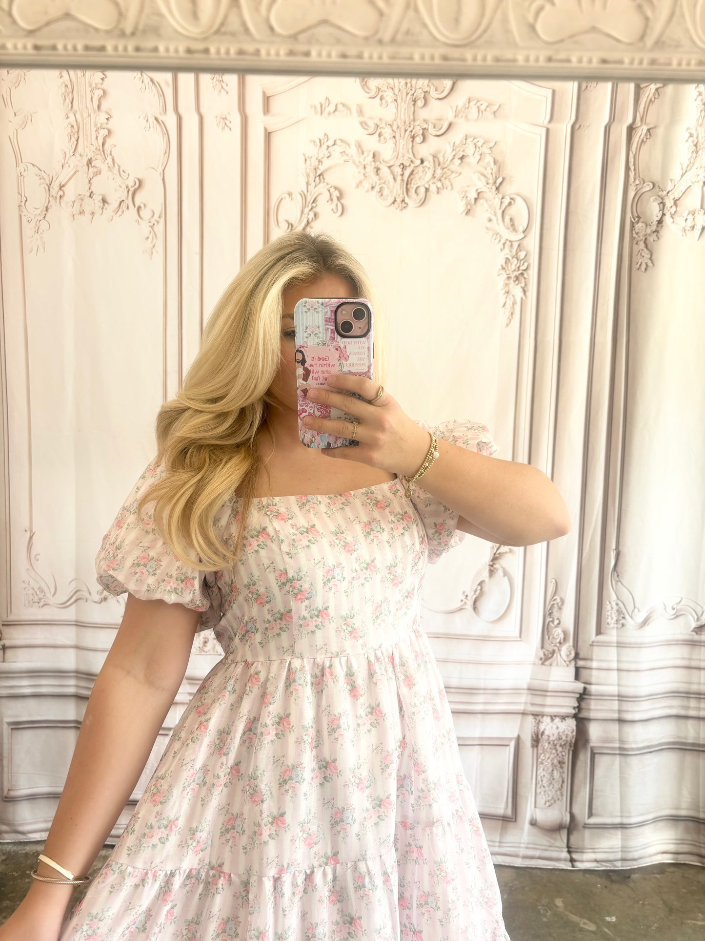 Pink Floral Printed Bubble SLV Back Tie Detail Midi Dress